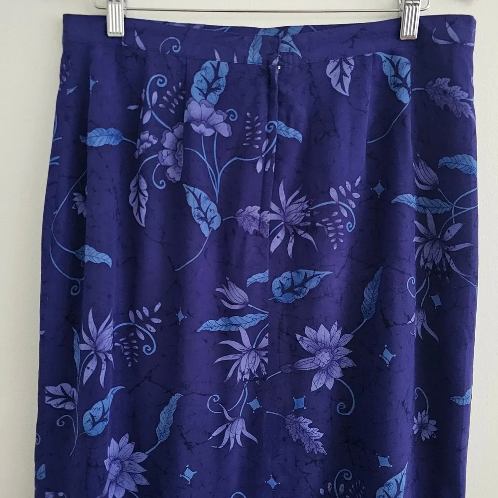 Vintage 100% Silk Midi Skirt 16 Purple Blue Dark Floral Pencil Whimsigoth 90s 00